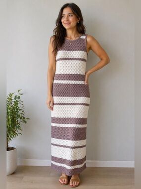 Anthropologie By The River Crochet Knit Maxi Dress Striped Cream/Brown Size S
